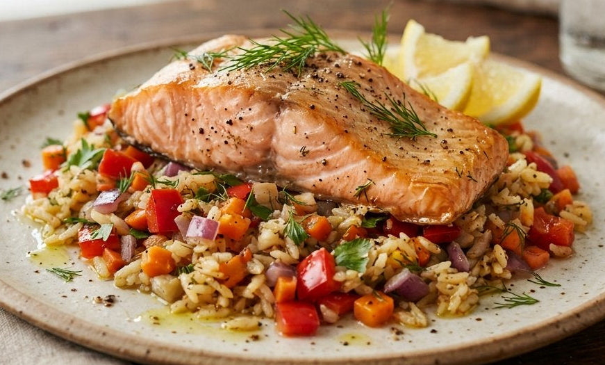 Truite fumée avec riz aux légumes gourmet